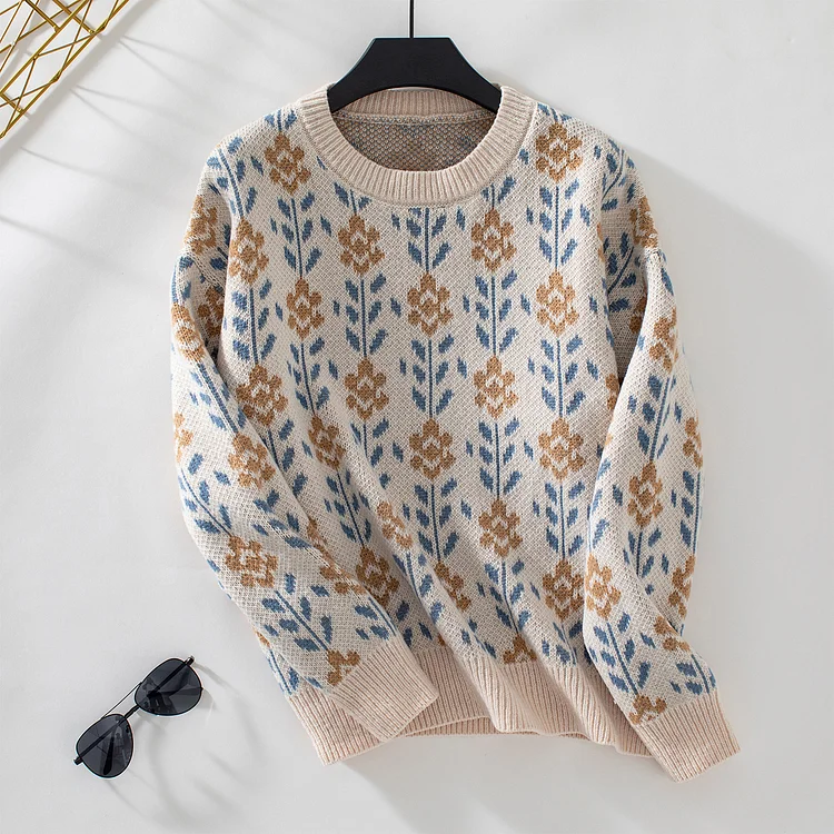 Autumn And Winter New Flower Jacquard Pullover Women's Sweater Long-sleeved Knitted Sweater