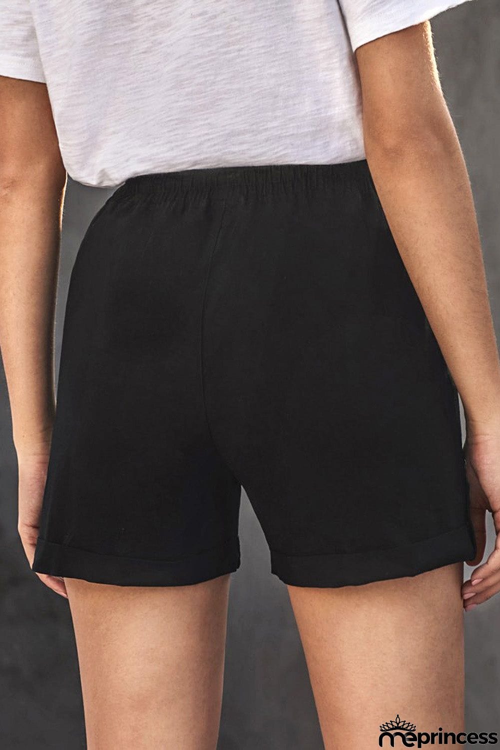 Casual Black Elastic Waistband Pocket Drawstring Shorts with Button