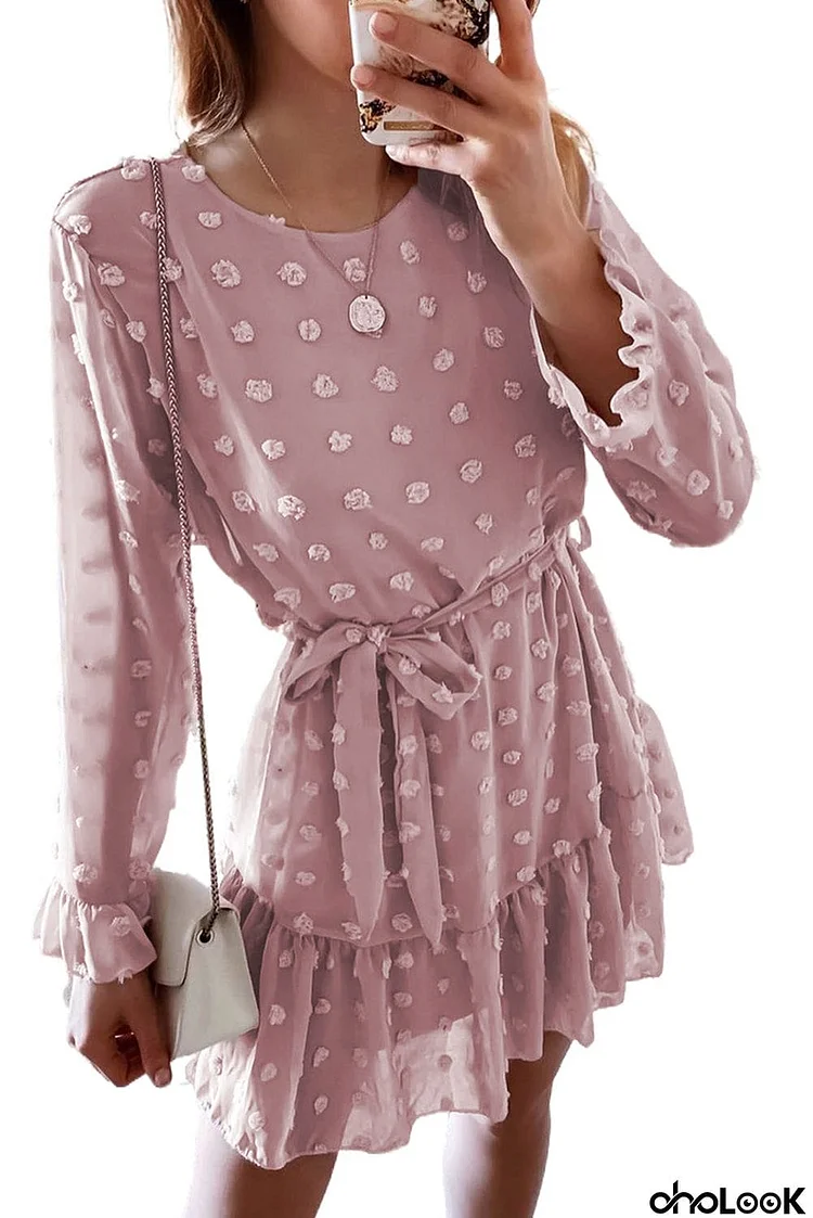 Crew Neck Fuzzy Polka Dot Ruffled Mini Dress with Belt