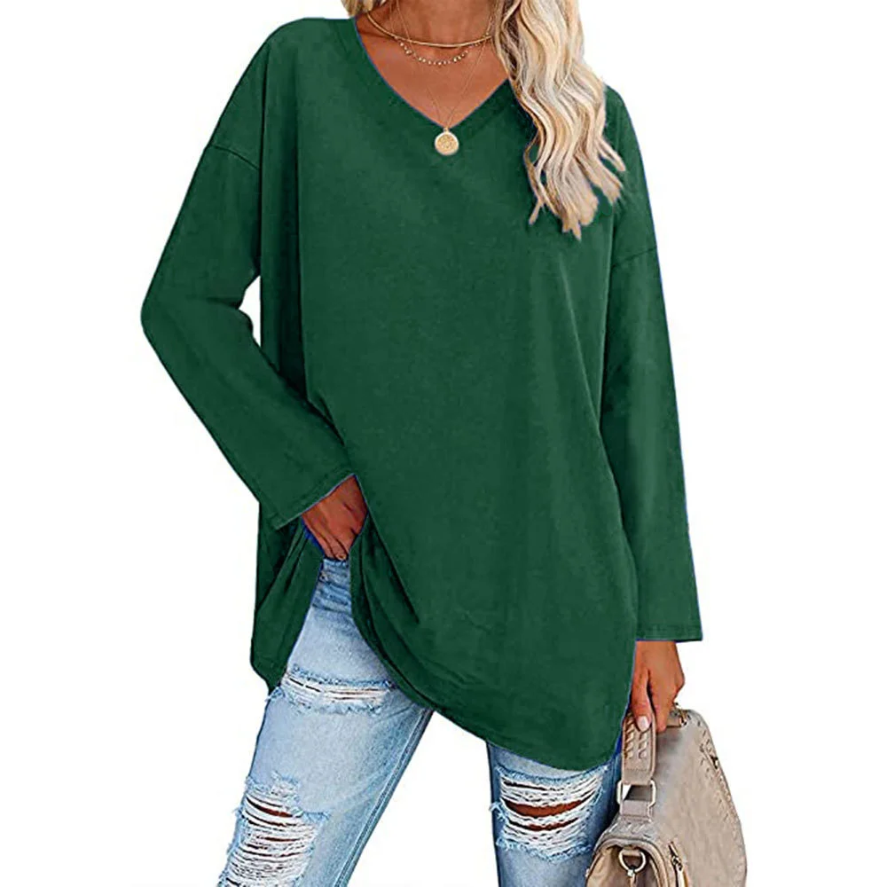 Women's Solid Color v Neck Pullovers Tops Casual Loose Fit Long Sleeves t-Shirts