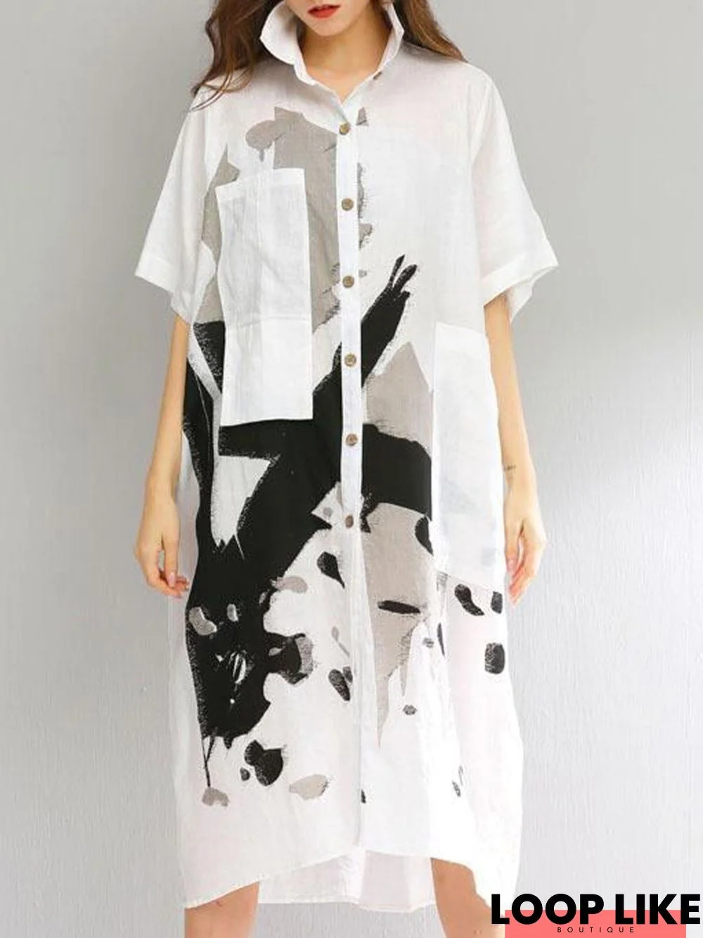 Half Sleeve Shirt Collar Shift Casual  Midi Dress