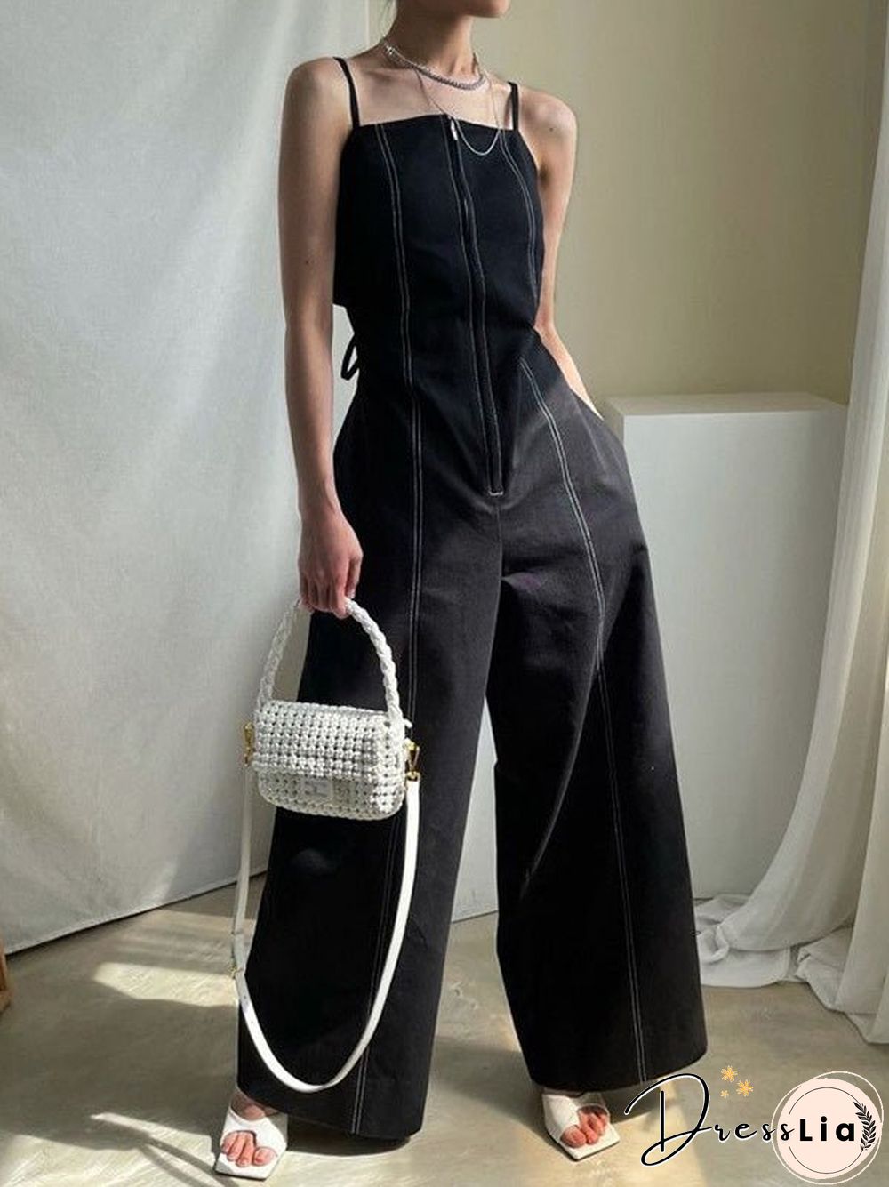 Women'S Jumpsuits Sling Zip Pocket High Waist Wide Leg Jumpsuit