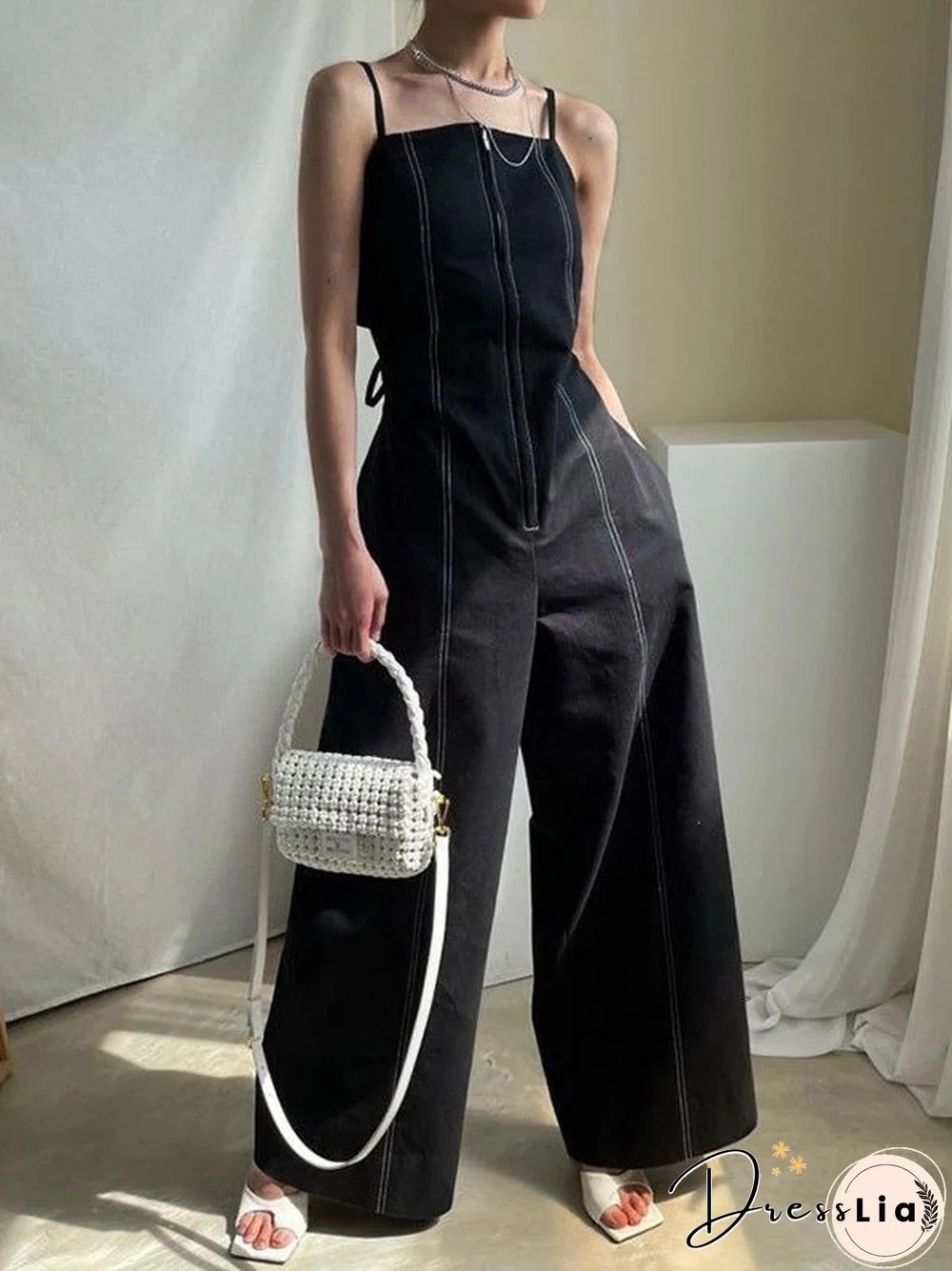 Women'S Jumpsuits Sling Zip Pocket High Waist Wide Leg Jumpsuit