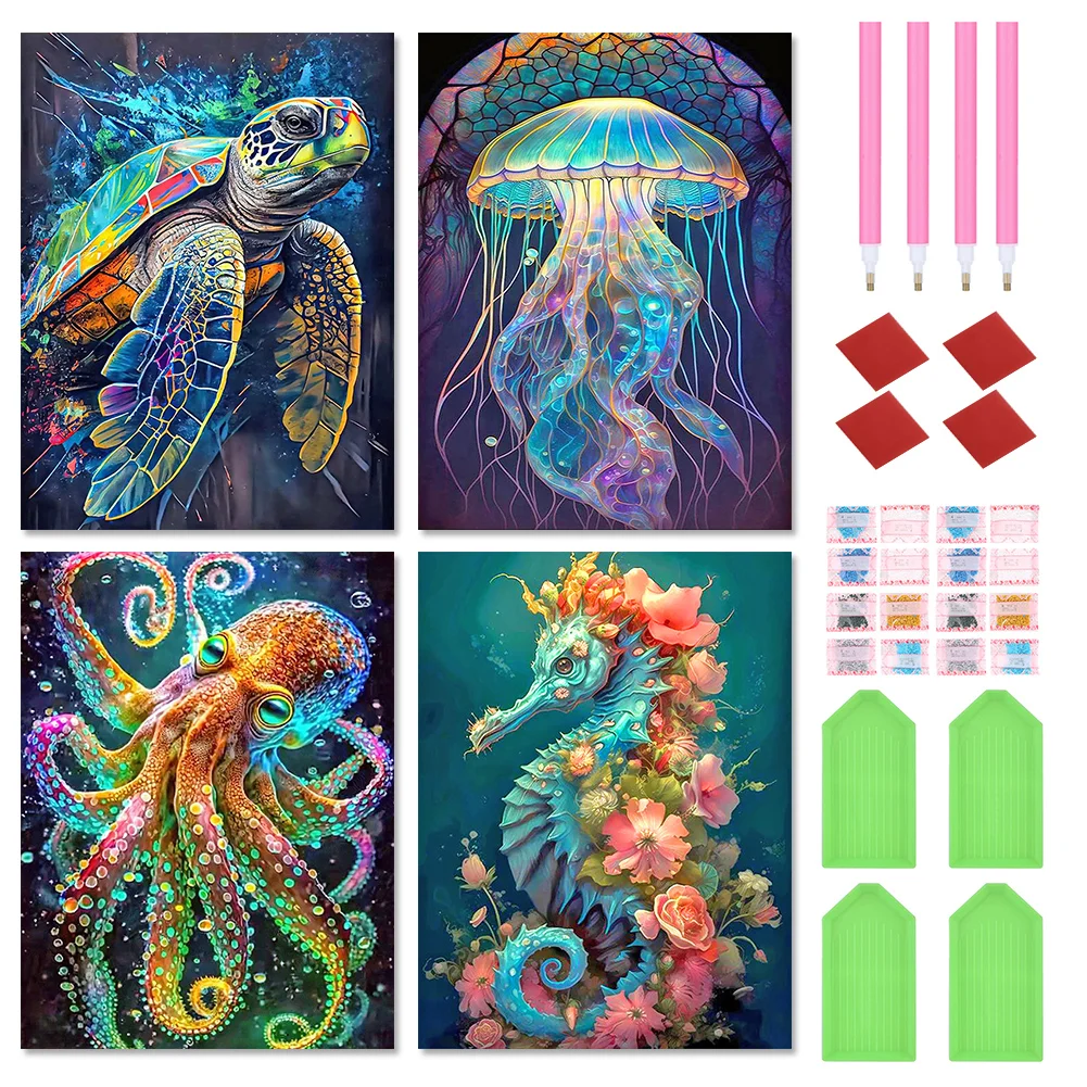 4pcs Diamond Painting - Full Round Drill - Aquatic Creatures(Canvas|30*40cm)