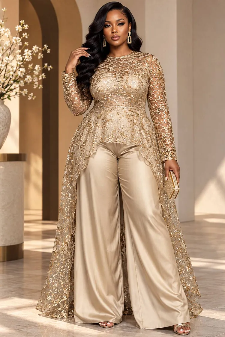 Xpluswear Design Plus Size Wedding Guest Satin Champagne Round Neck Long Sleeve With&nbsp;Skirt&nbsp;Overlay&nbsp;Pocket Lace Jumpsuits [Pre-Order] 2024 - Xpluswear