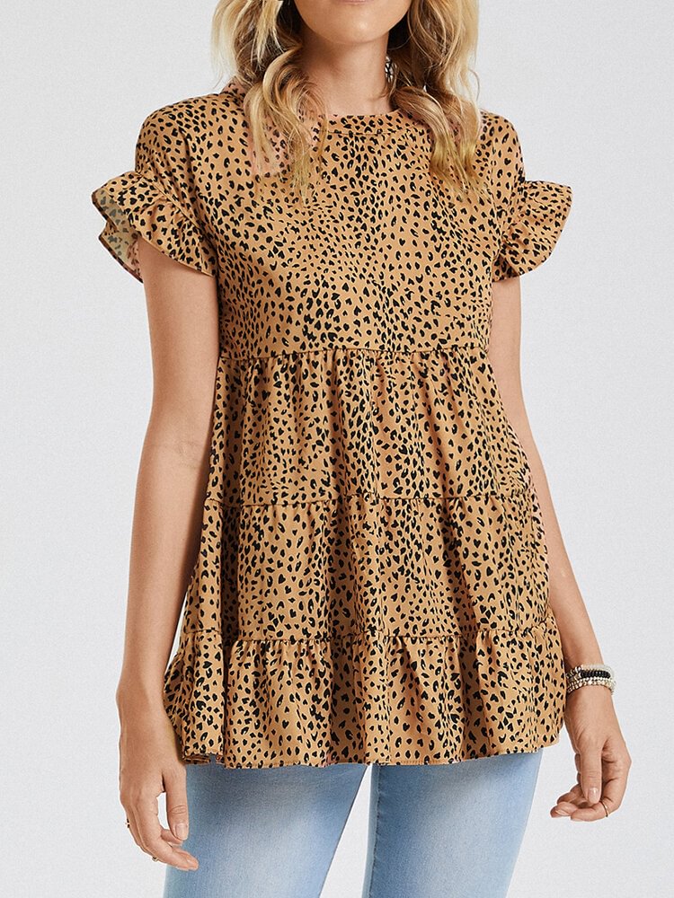 Ruffle Short Sleeve Leopard Print O neck Blouse For Women P1843814