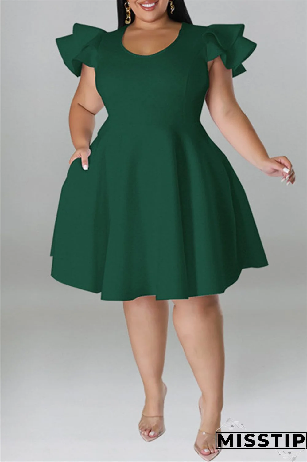 Ink Green Fashion Casual Solid Patchwork O Neck Short Sleeve Dress Plus Size Dresses