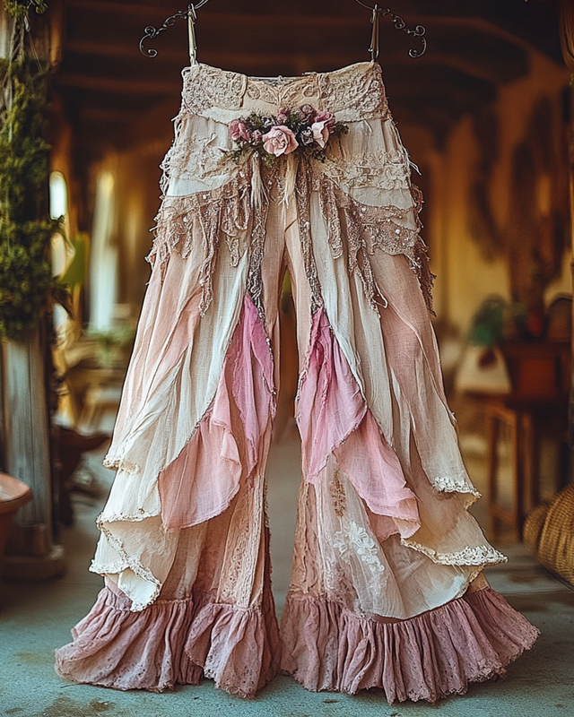 Summer Vacation Ruffle  Lace Patchwork Pant
