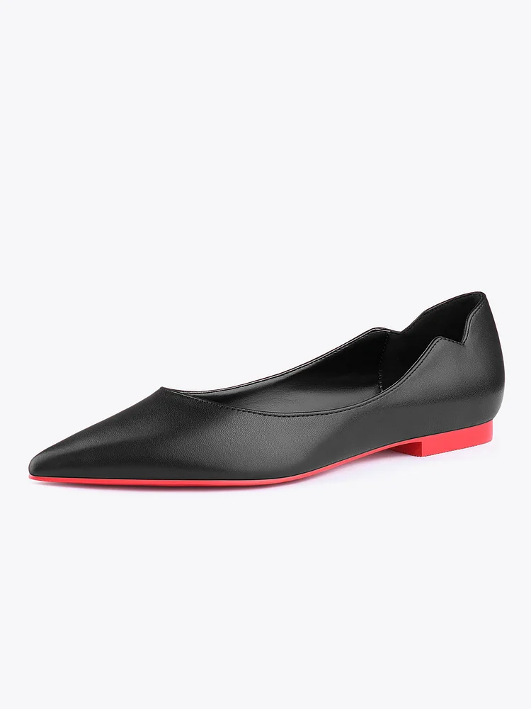 Women's Pointed Toe Red Bottom Matte Leather  V-shaped Comfortable Simple Classic Style Flat Shoes