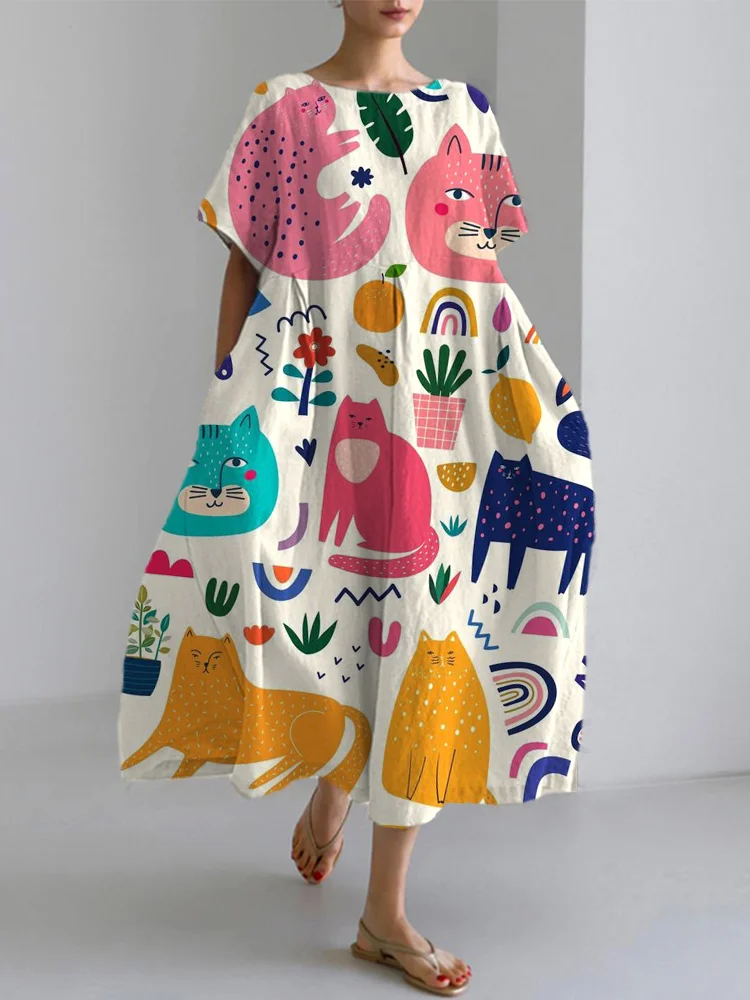 Cute Cat Pattern Linen Blend Dress