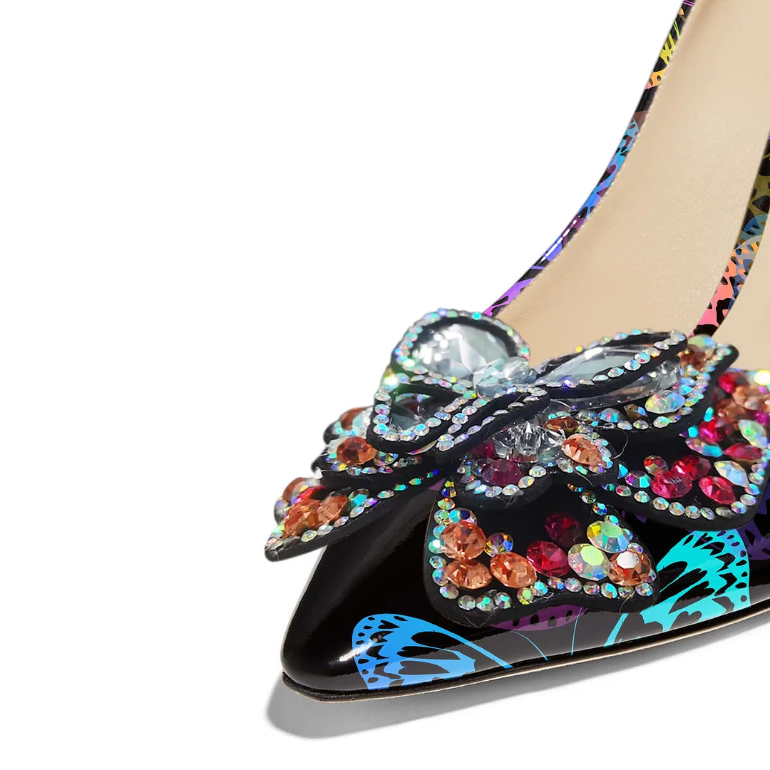 Eye-Catching Colorful Patent Leather Rhinestone Butterfly Pumps 