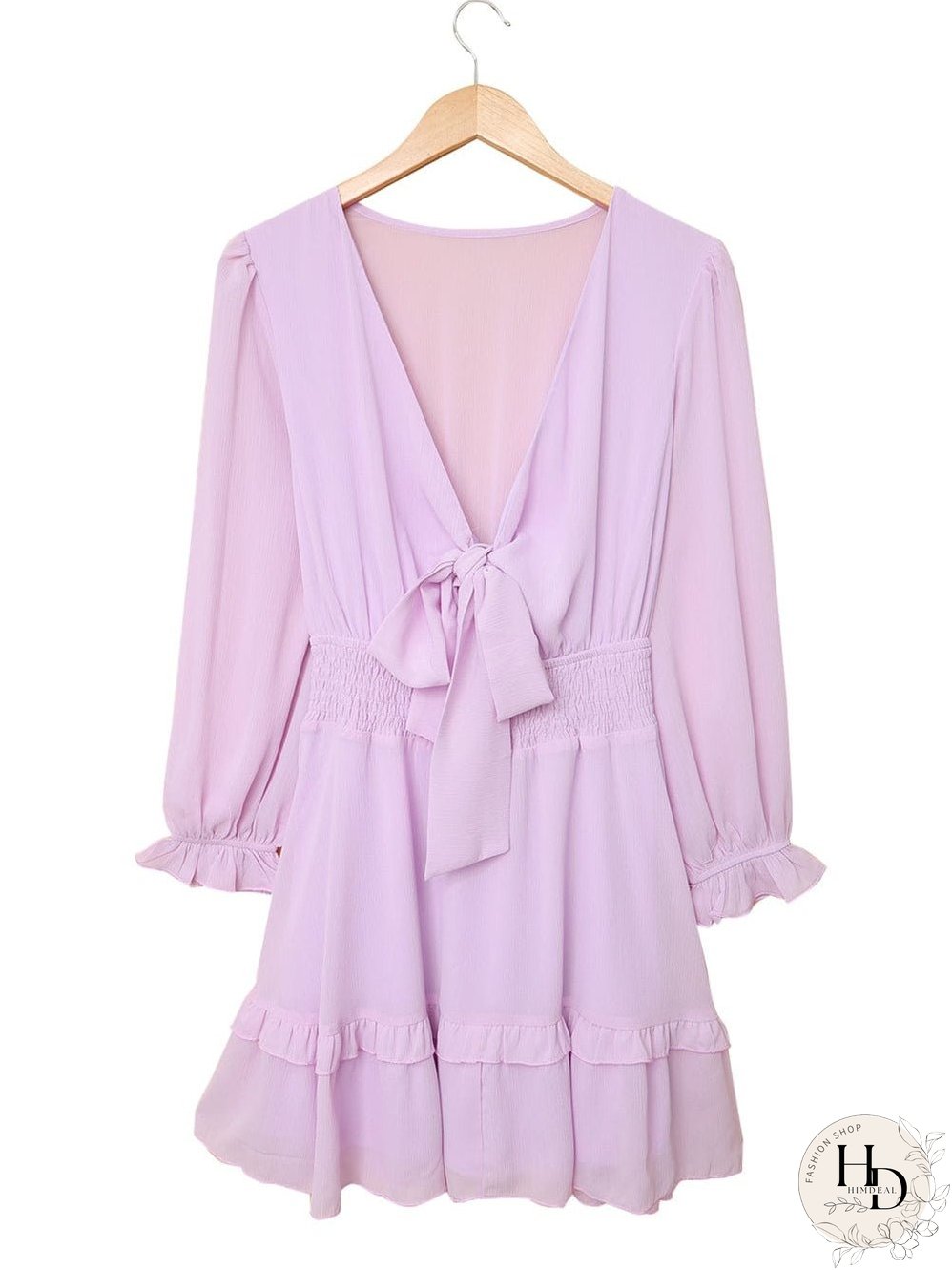 Lantern Sleeve Knotted Tiered Mini Dress with Deep V Neck