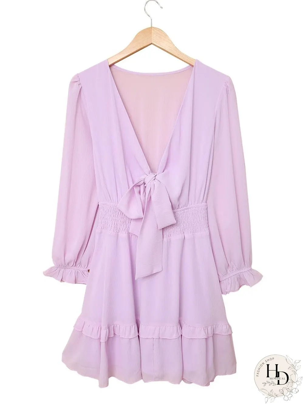 Lantern Sleeve Knotted Tiered Mini Dress with Deep V Neck