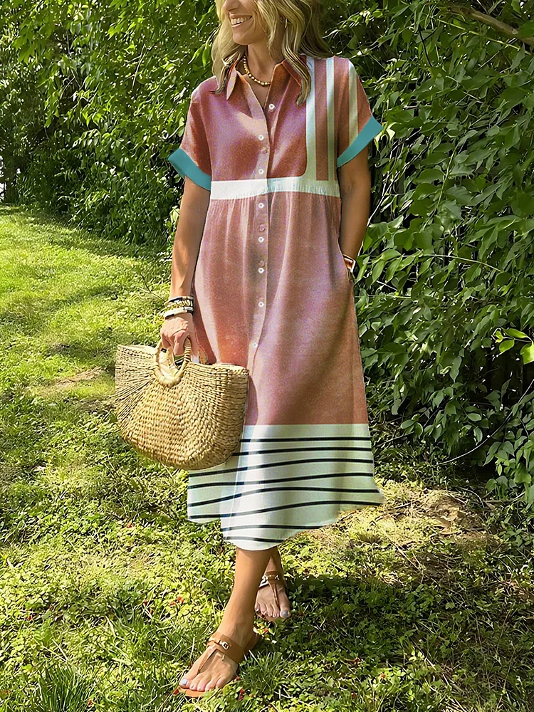 Geometric Printed Lapel Button Up Dress 