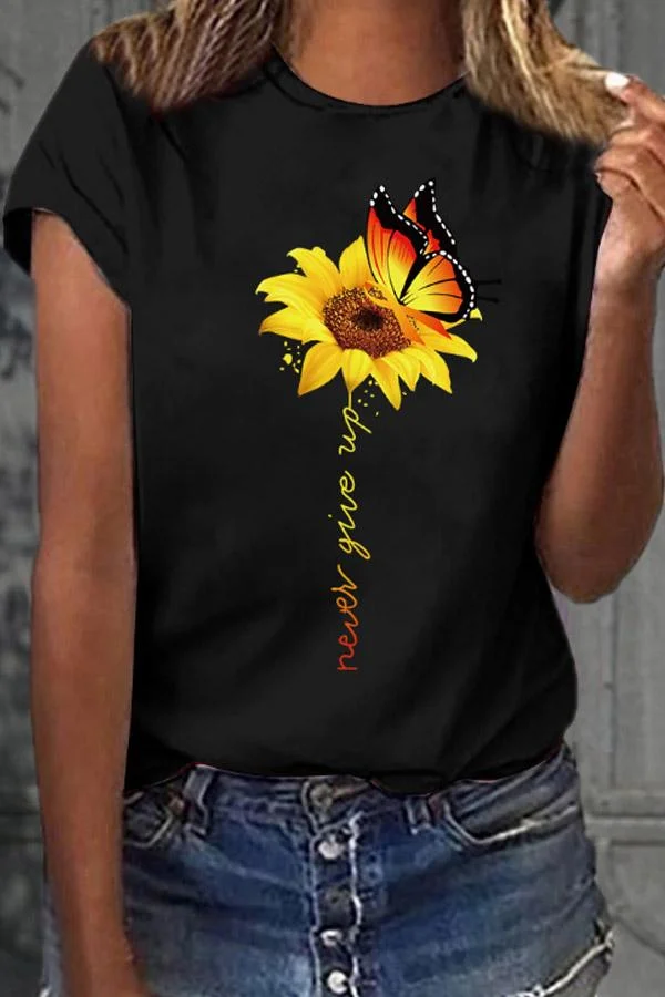 Casual Round Collar Butterfly Sun Flower Short Sleeve T-Shirt