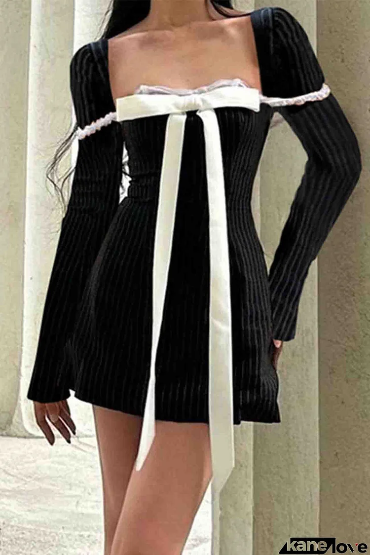 Square Neck Bow Tie Striped Long Sleeve Mini Dress