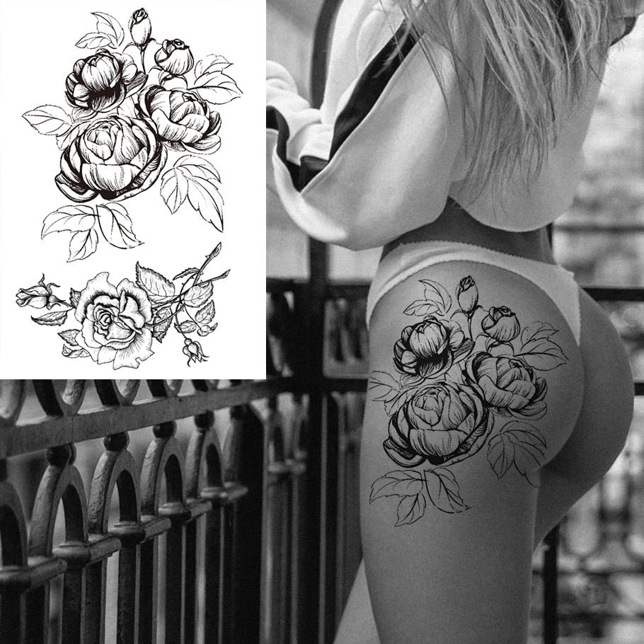 Waterproof Temporary Tattoo Stickers Black Sexy Flower Rose Peony Tatto Body Art Tattoos Flash Fake Sleeves Tattoo For Women Men