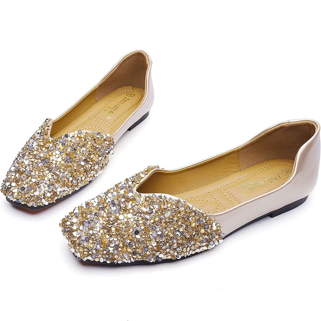 Women's Rhinestone Flats Fashion Sequin Wedding Shoes Comfortable Slip-on Ballet Flats Low Heel Dress Shoes