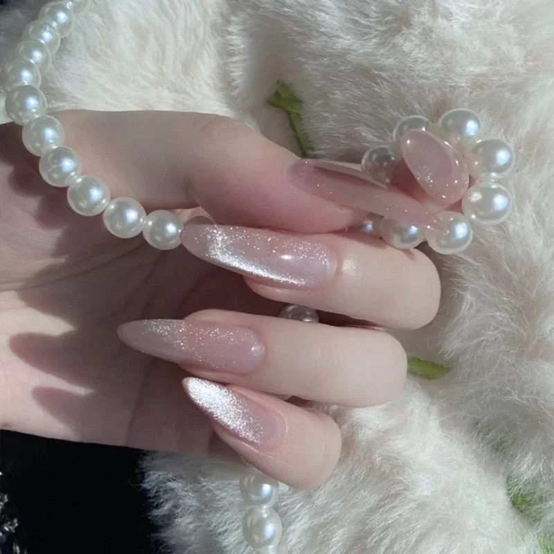 24pcs Purple Gray Fake Nail Patch Cat Eye False Nail Patch Press On Finger Nail Tips Detachable Full Cover Acrylic Nails-Nail Inspo