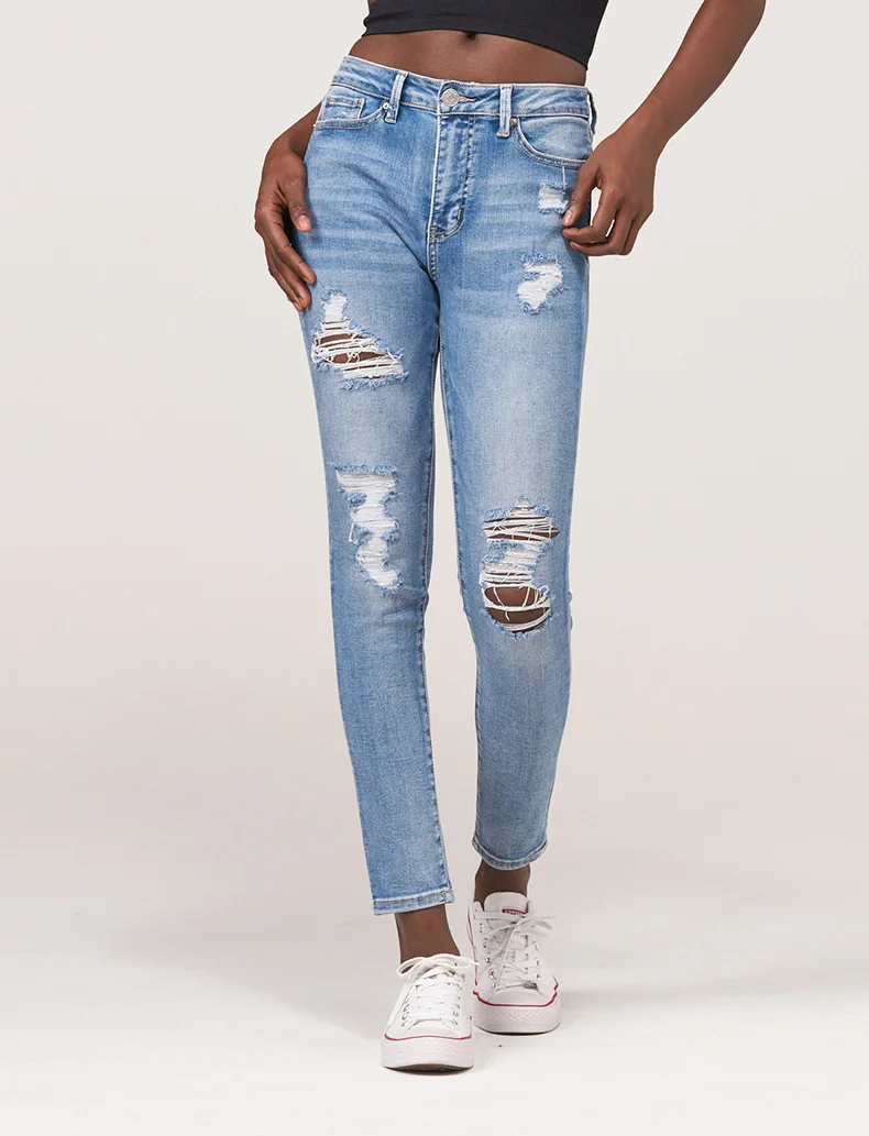 Women's Mid Waist Ripped Denim Long Jeans