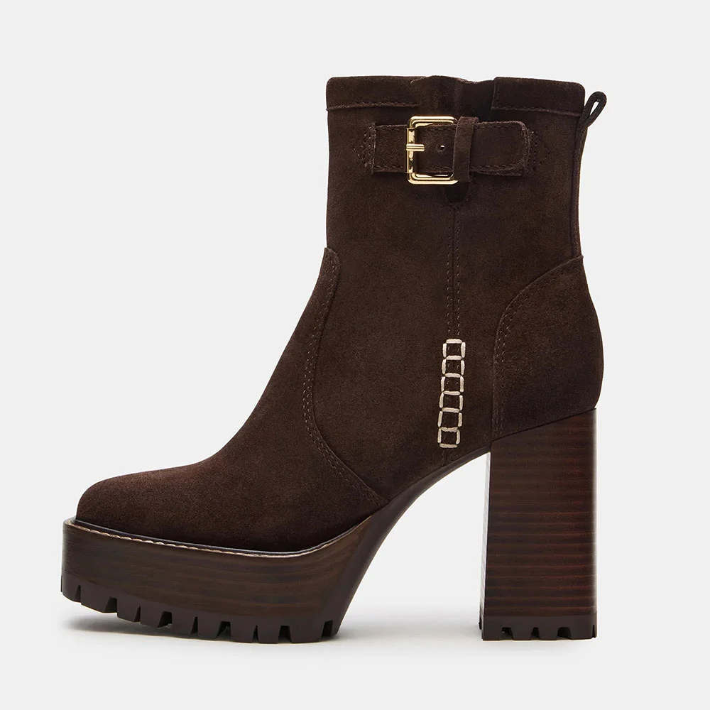 Dark Brown Square Toe Block Heel Side Zipper Buckle Platform Booties