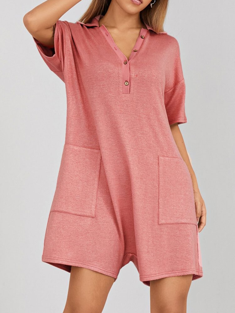 Solid Color Front Button Lapel Collar Casual Romper With Pocket - Life is Beautiful for You - SheChoic