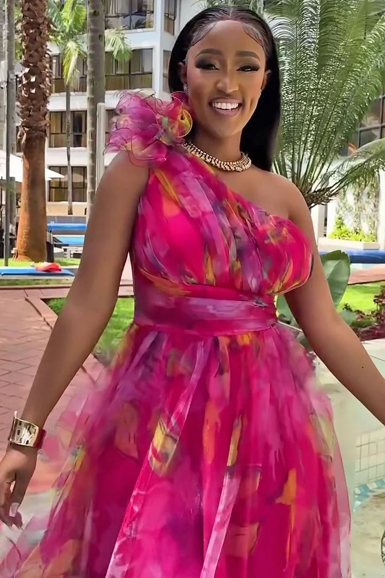 One Shoulder Rosette Floral Print Mesh Party Maxi Dresses-Fuchsia [Pre Order]