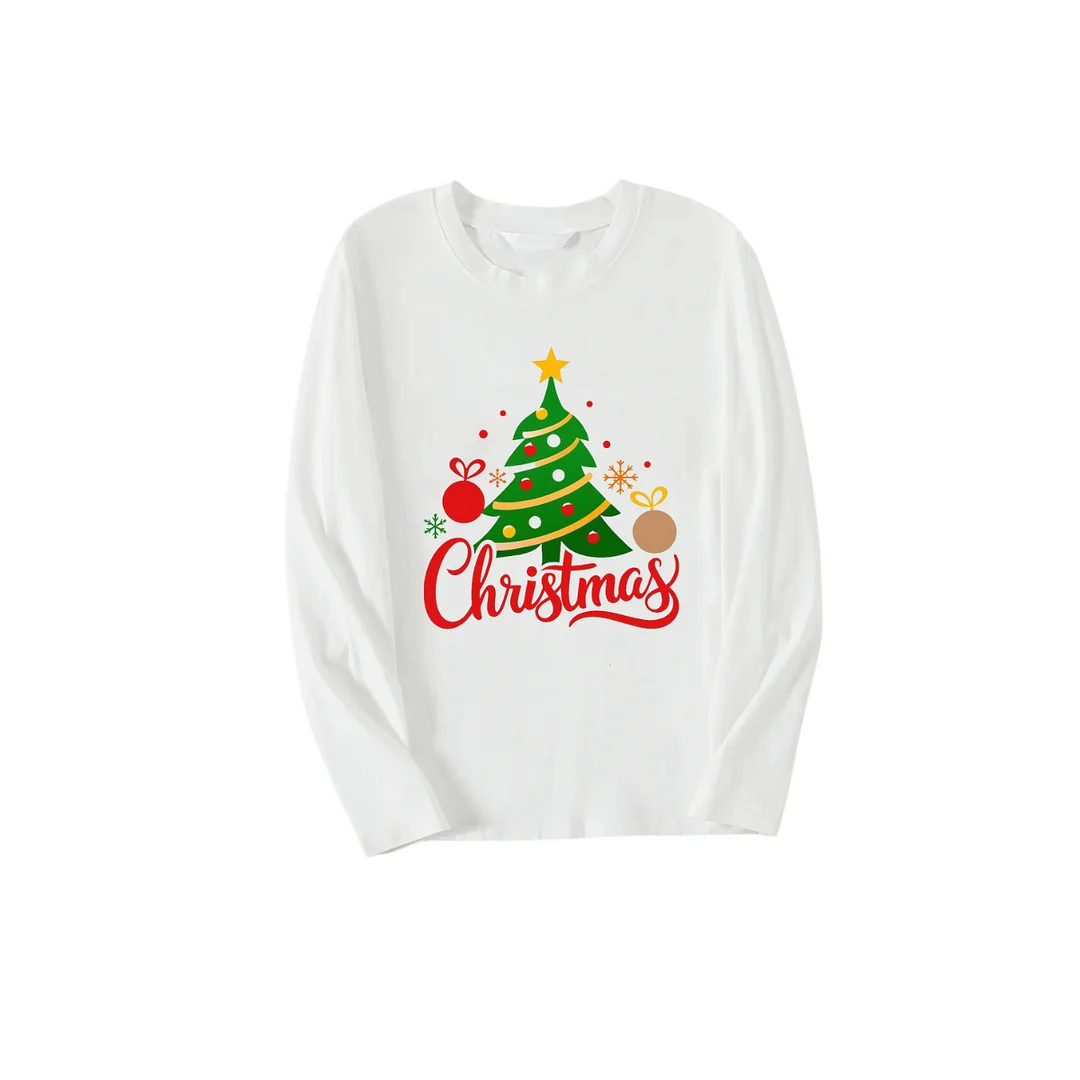 Christmas Tree Printed 2024 White Long Sleeve Top and Red & Black Plaid Pants Family Matching Pajamas