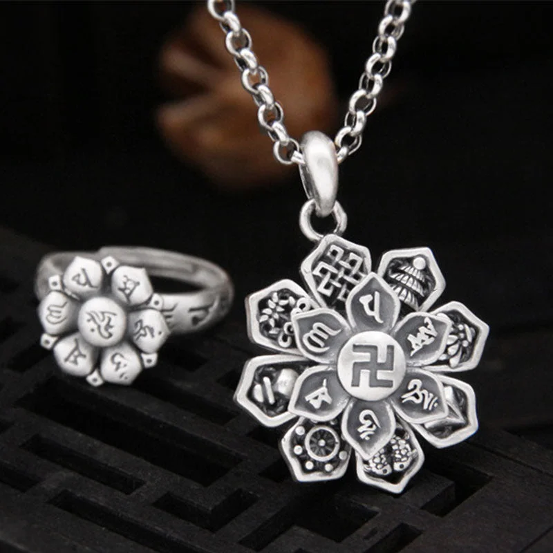 Om Mani Padme Hum Lotus 999 Sterling Silver Swastika Purity Rotatable Necklace Ring
