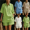 Women's Elegant Plus Size Solid Color Short-Sleeve Shirt Loose Pants Two-Piece Set