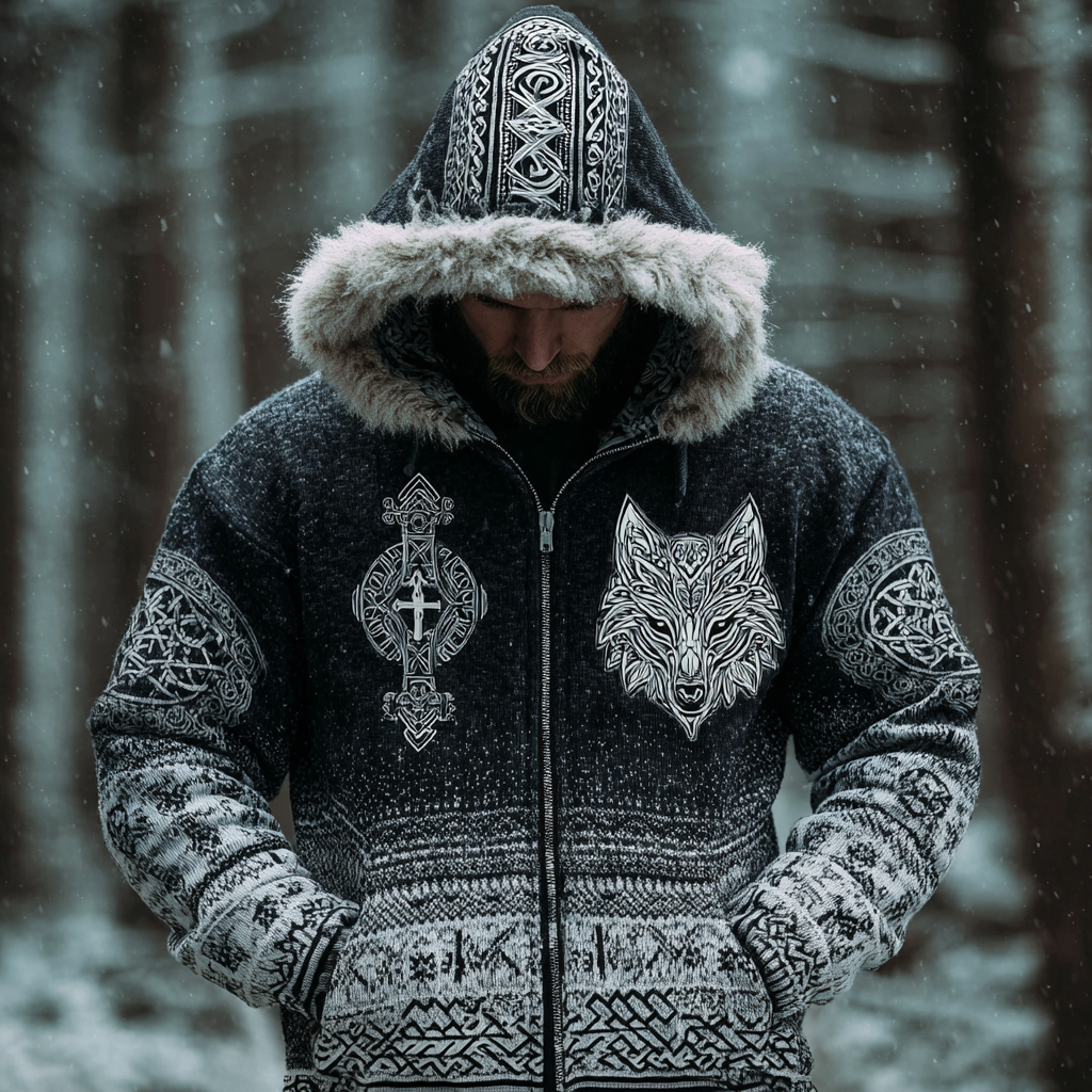 Men's Winter Vintage Viking Style Hooded Knitted Sweater Coat elevenforest
