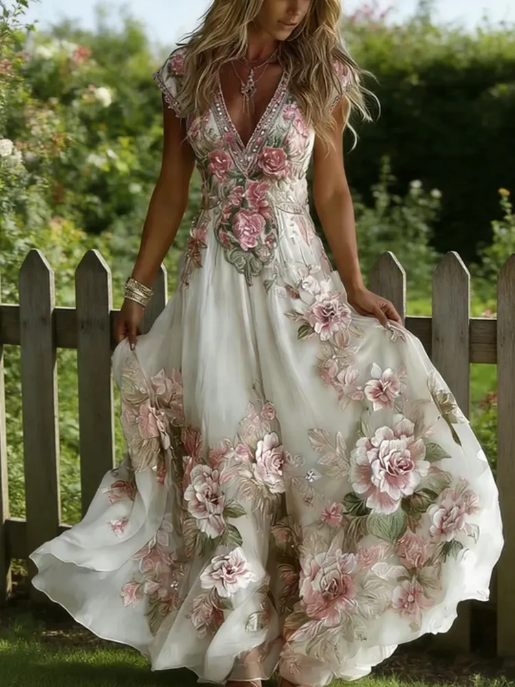 Women's Retro Embroidered Floral Art Linen Blend V-neck Dress