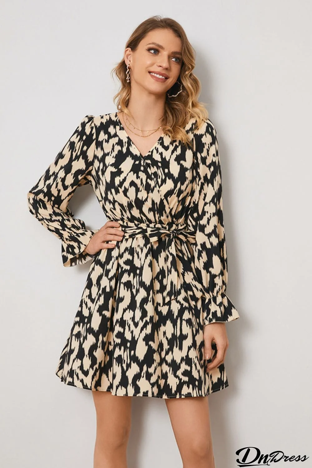Animal Print Surplice Neck Long Flounce Sleeve Dress
