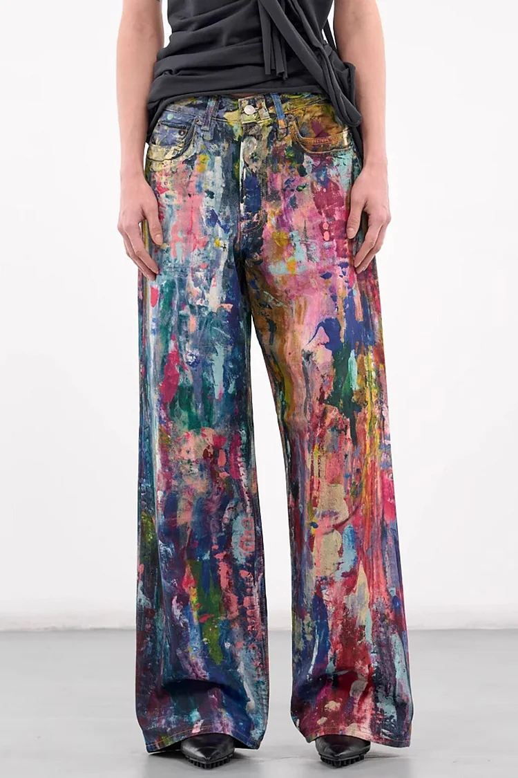 Denim Ink-Splashed Oil Painting Print Wide Leg Casual Jeans-Multicolor