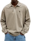 Men's Retro Washed Distressed Cotton Lapel Long Sleeve Polo Shirt