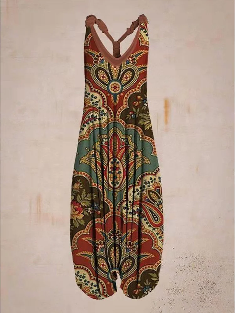 Vintage Allover Print V-Neck Sleeveless Loose Cami Harem Jumpsuit