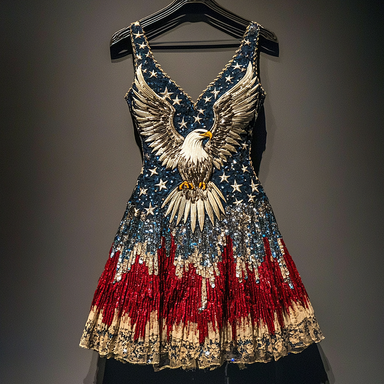 VChics Women's Independence Day Flag Bald Eagle Print Sleeveless Dress
