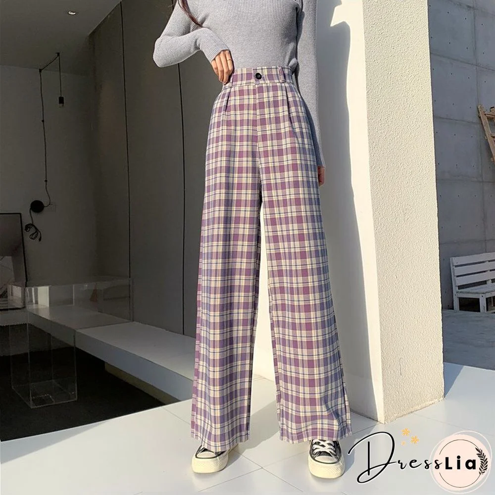 Simple Vintage Plaid Causal Long Women Pants Street Fashion Straight Wide Leg Pant