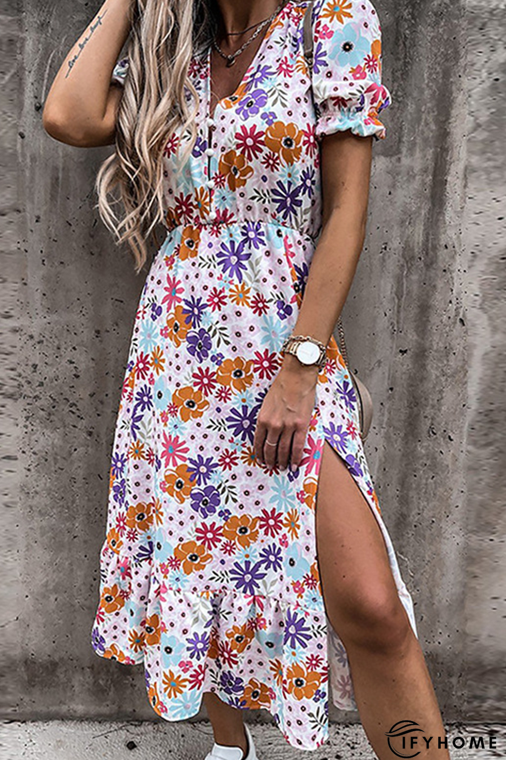 Casual Elegant Floral Buckle Slit V Neck Dresses(6 Colors) | IFYHOME
