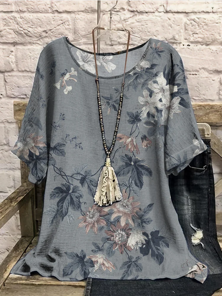 Women Half Sleeve Scoop Neck Floral Printed Colorblock Dark Gray Women Tops