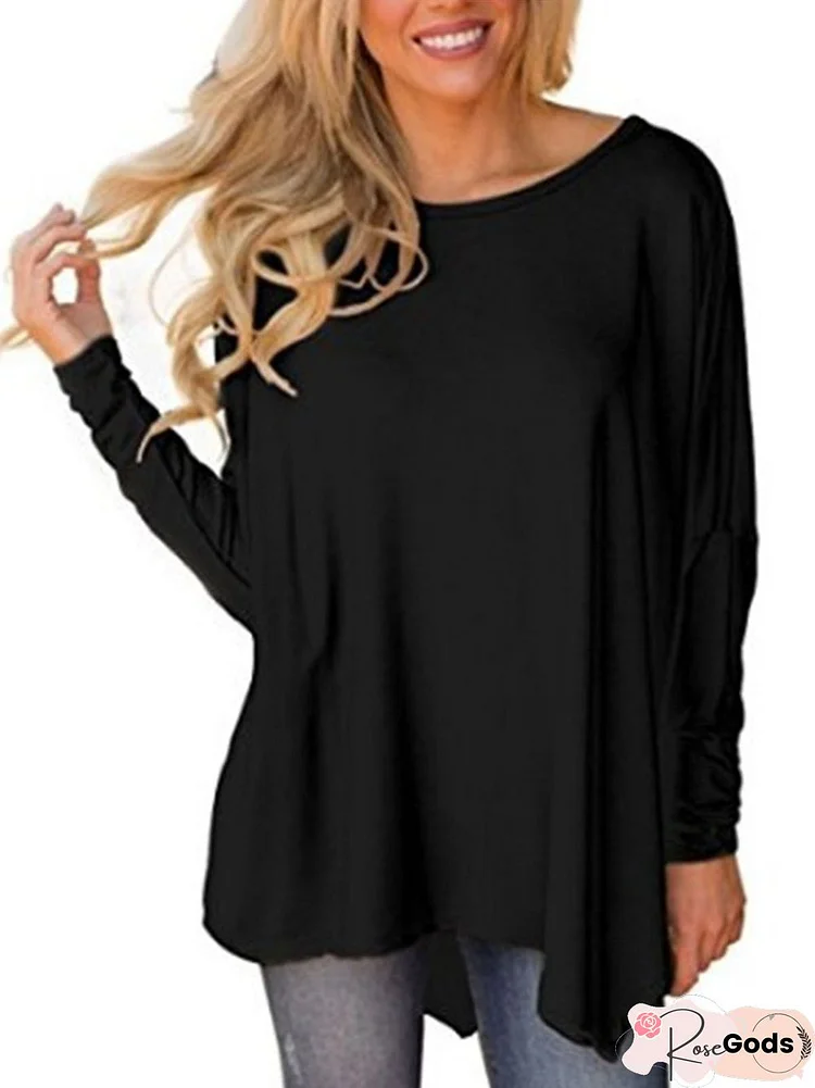 Asymmetric Casual Crew Batwing Neck Solid T-Shirt