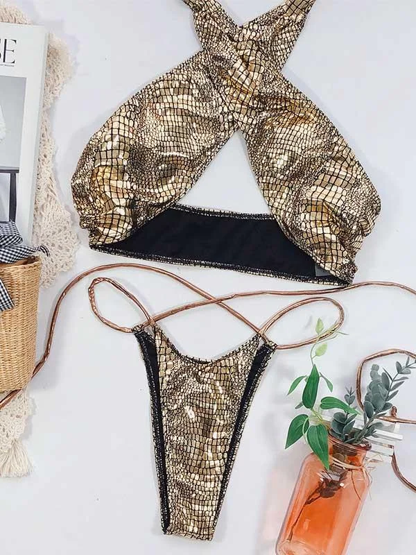 Snake-Print Bandage Split Bikini Swimsuit