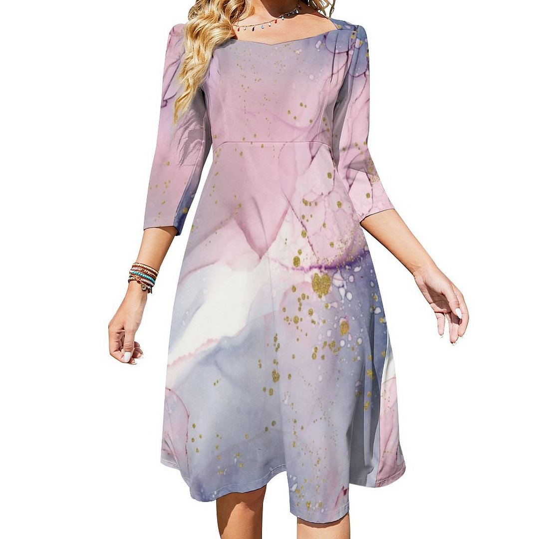 Ethereal Periwinkle Pink Gold Inky Fantasy Glam Dress Sweetheart Tie Back Flared 3/4 Sleeve Midi Dresses