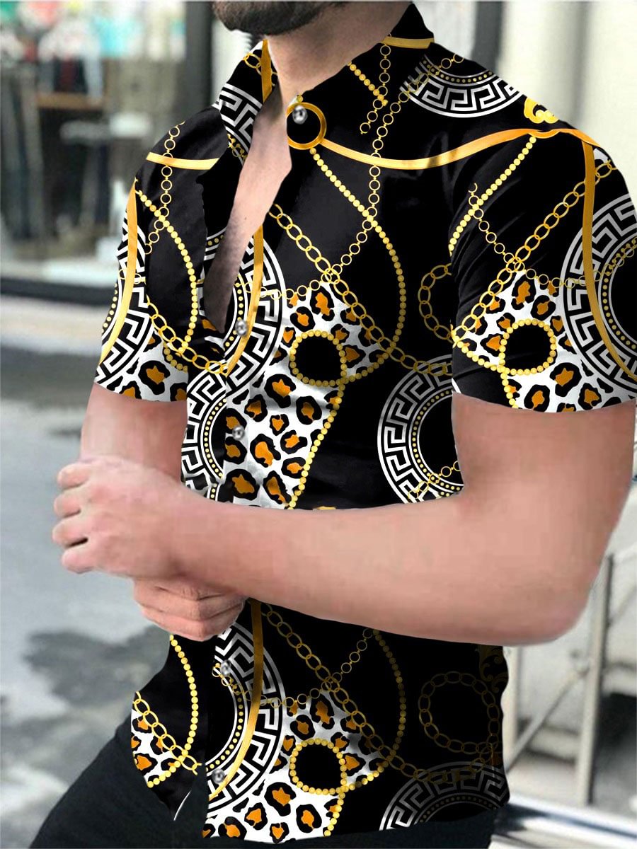 Men's Casual Leopard Print Chain Printed Short Sleeve Shirt