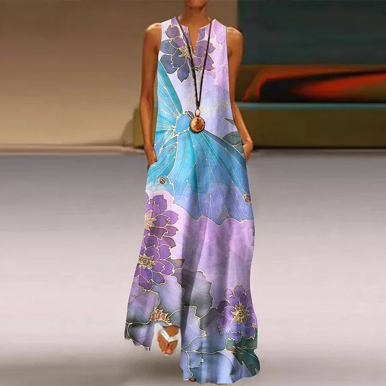 Japanese Art Butterfly Print V-Neck Sleeveless Maxi Dress