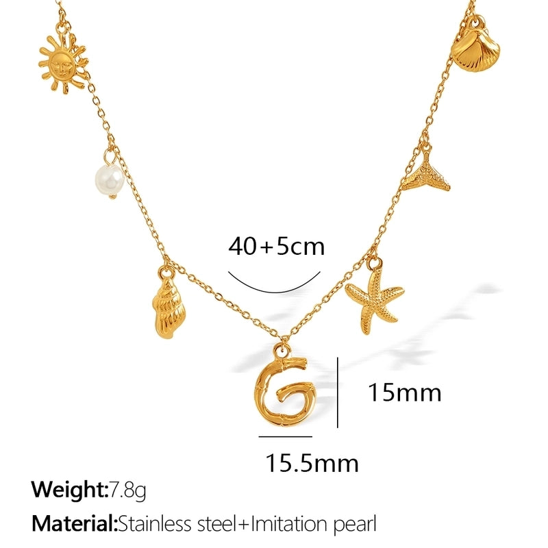 Beach Starfish 304 Stainless Steel Artificial Pearls 18K Gold Plated Polishing Inlay Pendant Necklace