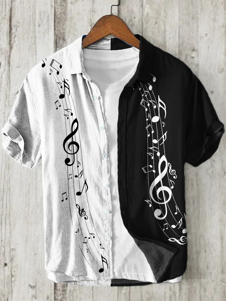 Music Notes Contrast Color Linen Blend Shirt