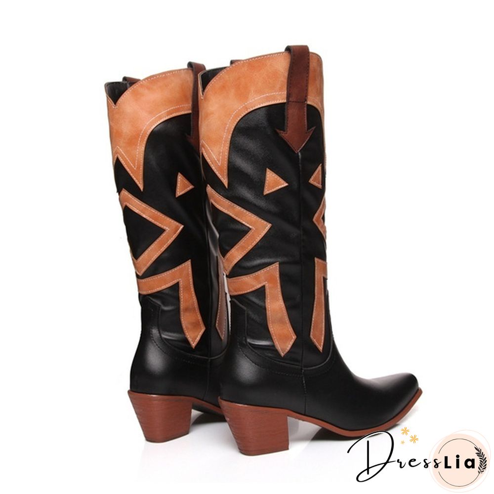 The New Style Western Cowboy Boots For Women Pointy Toe Cowgirl Boots Square Heels Knee High Boots Retro Women Boots