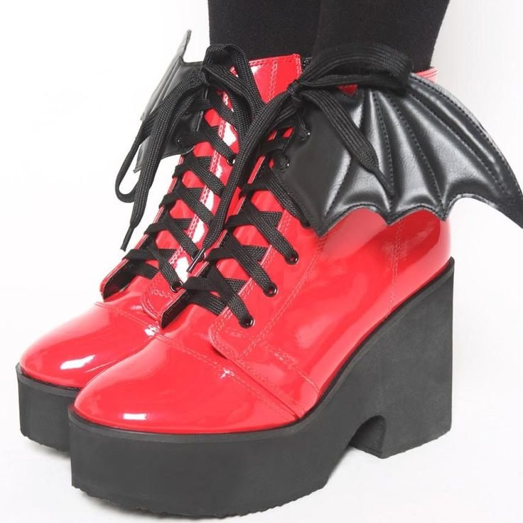 Red Bat Girl Platform Block Heel Lace Up Ankle Boots for Halloween |FSJ Shoes