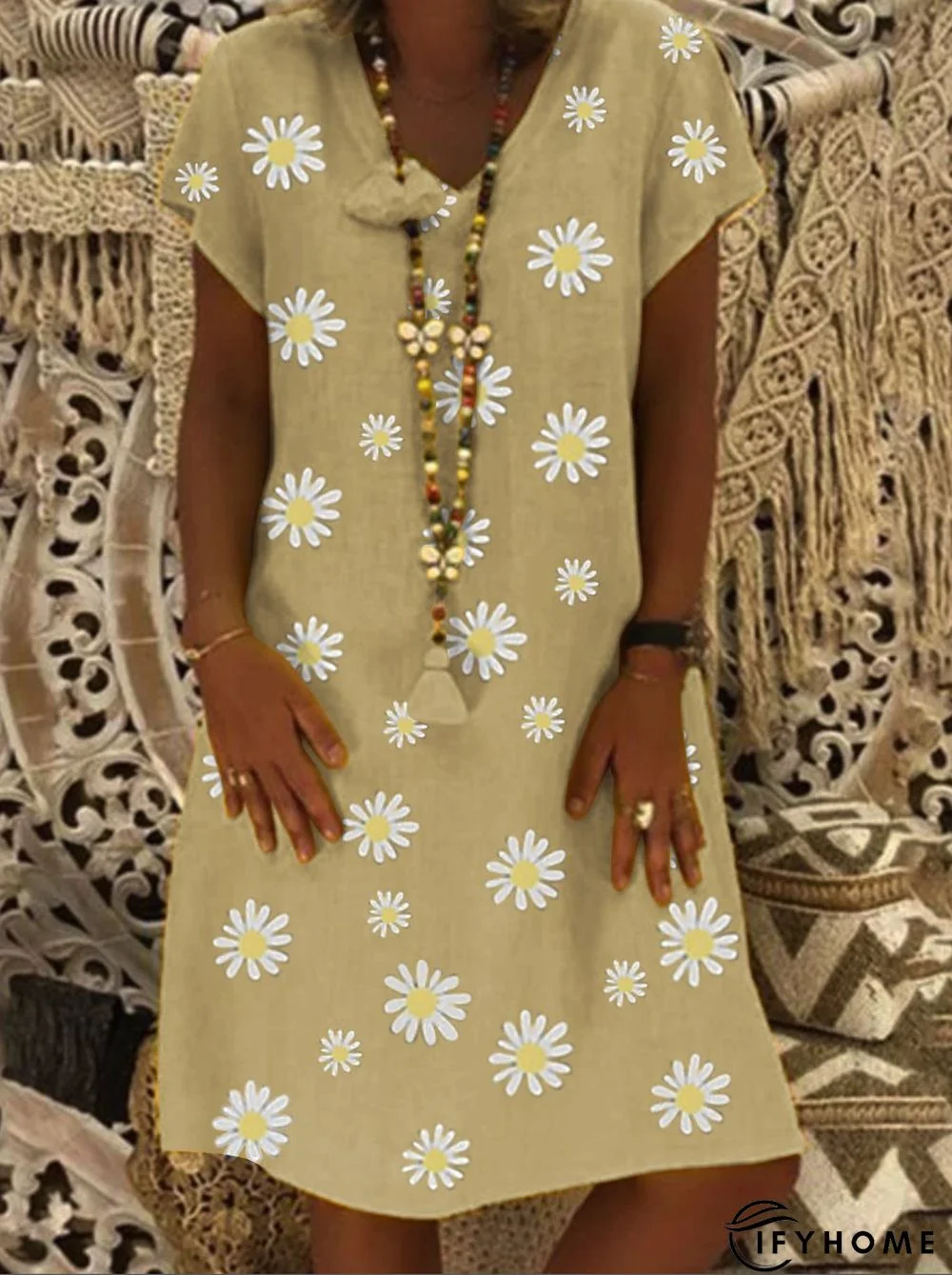 Casual vintage V-neck short sleeve daisy Dress | IFYHOME